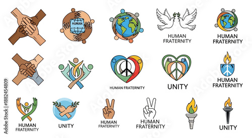 A collection of diverse vector logos and icons symbolizing human fraternity, global unity, peace, and cooperation among people of different backgrounds.