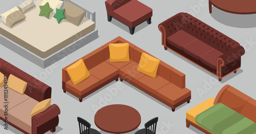 Furniture, isometric, vector, illustration, sketch, outline, sofa, bed, table, chair, interior, decor, layout, design, modern, colorful, pillows, cushions, room, graphic, arrangement