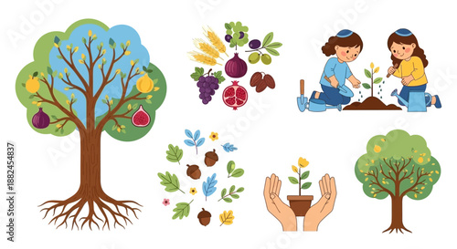 Vibrant illustration depicting various aspects of tree life, fruit harvest, and children engaging in planting activities, symbolizing growth and nature.