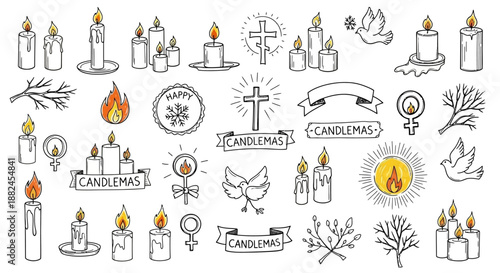 Hand-drawn doodle collection of candles, flames, religious symbols, and Candlemas banners on a white background.