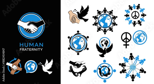 A collection of diverse vector icons and logos symbolizing human fraternity, global peace, unity, and cooperation, featuring hands, doves, and people around the world.