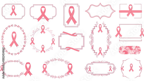 A collection of pink ribbon designs for breast cancer awareness, presented within various decorative frames and borders, including floral, oval, and rectangular shapes.