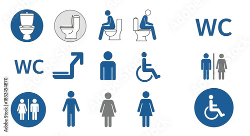 A comprehensive collection of various restroom and toilet icons, including male, female, unisex, wheelchair accessible, and WC symbols for public facilities.