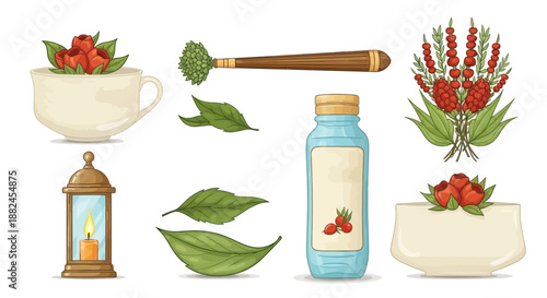 A collection of natural beauty and wellness items including a jade roller, botanical extracts, a cosmetic bottle, a lantern, and decorative floral arrangements.