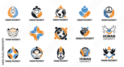 A collection of 15 diverse human fraternity logos featuring symbols of unity, peace, global community, and connection in blue and orange colors.