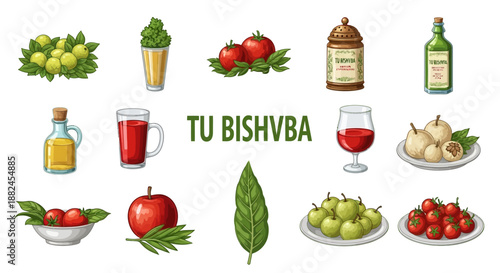 An assortment of fresh fruits, vegetables, and natural drinks, including tomatoes, apples, berries, oils, and juices, celebrating natural produce.