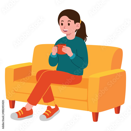 Illustration of a woman drinking while sitting on a sofa with a smiling face