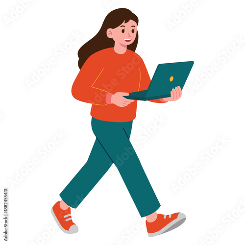 Illustration of a woman walking while carrying a laptop