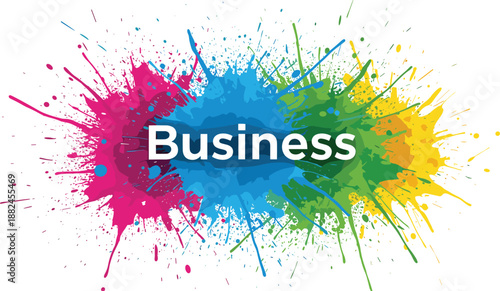 Creative colorful business word typography design with vibrant rainbow paint splash background for professional corporate branding and modern marketing concepts