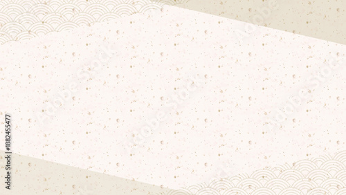 和紙テクスチャ背景に青海波文様の三角形を四隅に配置した和風背景。LP・Web広告・バナー・チラシに使える和の背景。Decorative washi texture background with seigaiha triangles.