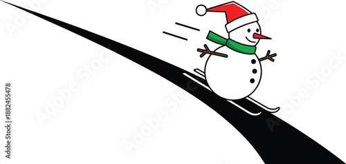 Cute cartoon snowman character wearing a red Santa hat and green scarf skiing down a snowy hill slope winter vector