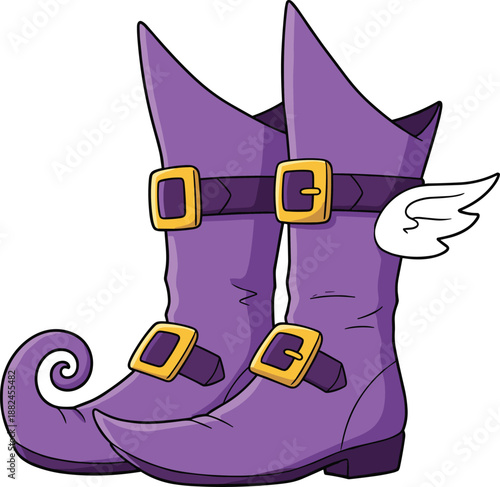 Cute fantasy witch boots cartoon vector illustration with buckles wings purple magical footwear for Halloween costume fairytale design