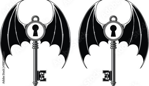Gothic winged key silhouette vector illustration with bat wings and keyhole symbol for Halloween mystery fantasy design