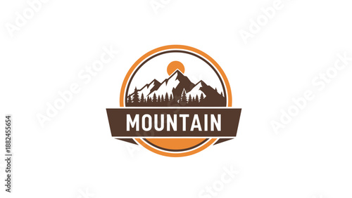 Mountain Adventure Emblem with Sun and Forest Silhouette.