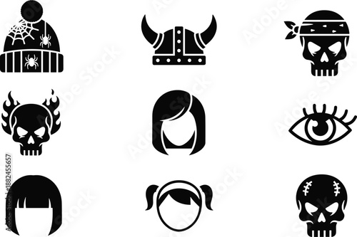 Halloween spooky icon set with skulls hairstyles eye viking helmet winter hat vector illustration for horror avatar design