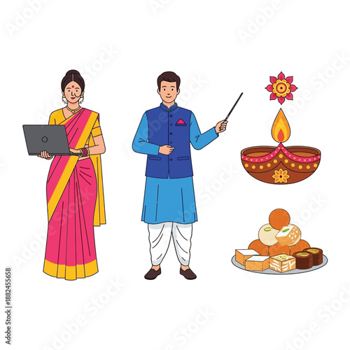 Two Indian people, a woman with a laptop and a man presenting, alongside traditional Diwali elements like a diya lamp and a plate of Indian sweets.