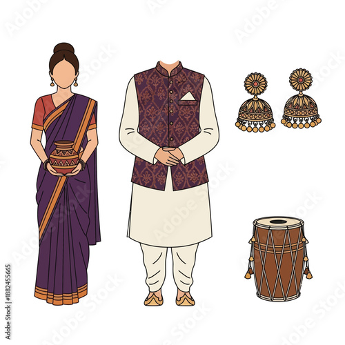 Illustration of traditional Indian attire, including a woman in a saree, a man in kurta pajama and waistcoat, jhumka earrings, and a dholak drum.