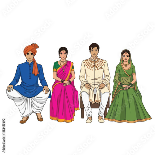 Four people in traditional Indian attire, including men in kurta and sherwani, and women in saree and lehenga, representing diverse cultural clothing.