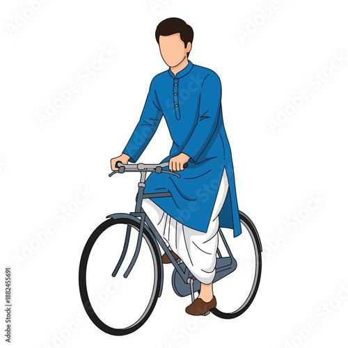 Illustration of an Indian man in traditional blue kurta and white dhoti riding a bicycle on a white background.