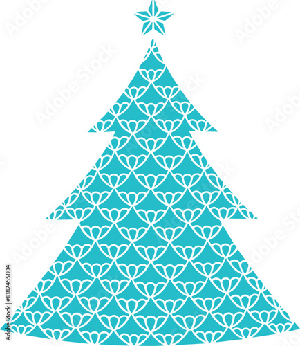 Minimalist turquoise Christmas tree vector illustration with elegant white floral pattern and star topper for festive holiday card background design