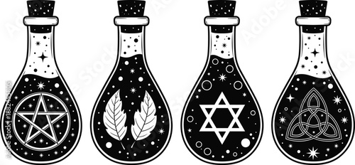 Magic potion bottles with occult symbols pentagram triquetra hexagram leaves vector illustration mystical alchemy witchcraft design set collection black white
