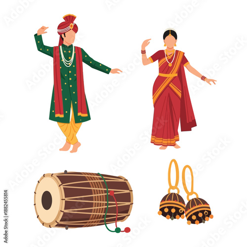 Traditional Indian dancers in vibrant attire, a dholak drum, and jhumka earrings, representing rich cultural heritage and performing arts.