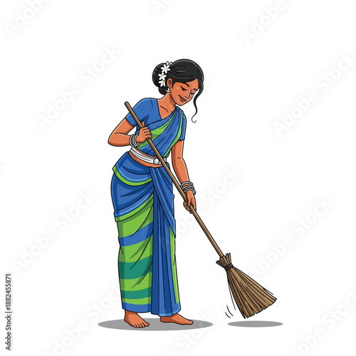 A smiling Indian woman in a blue and green saree sweeping with a traditional broom on a white background, depicting a daily chore.