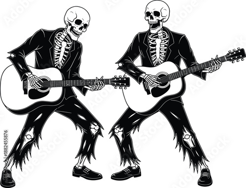 Skeleton musicians playing acoustic guitars vector illustration spooky rock band Halloween music art gothic horror character design