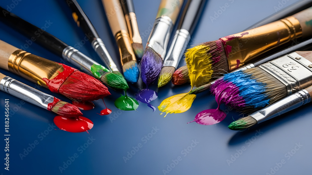 Fototapeta premium Assortment of art paint brushes with vibrant colorful paint splatters creative tools for artistic expression and craft projects isolated on a blue background