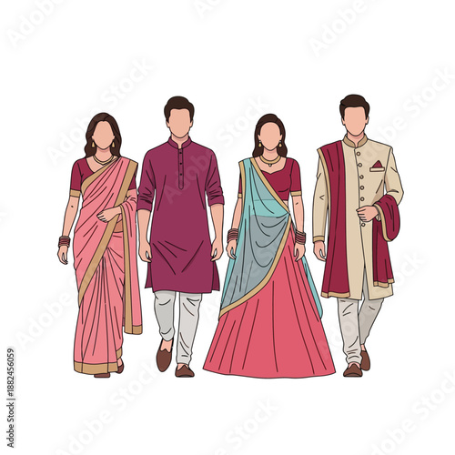 Four people in traditional Indian attire, including sarees, kurta, lehenga, and sherwani, walking together in an illustrative style.