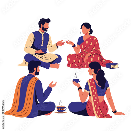 Four people in traditional South Asian attire sitting on the floor, conversing and enjoying tea in a cultural gathering.