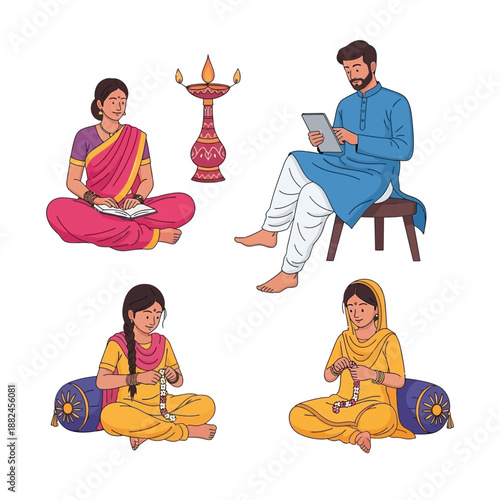 Diverse group of Indian people engaged in cultural activities and daily life, including reading, using a tablet, and making garlands, with a traditional diya lamp.