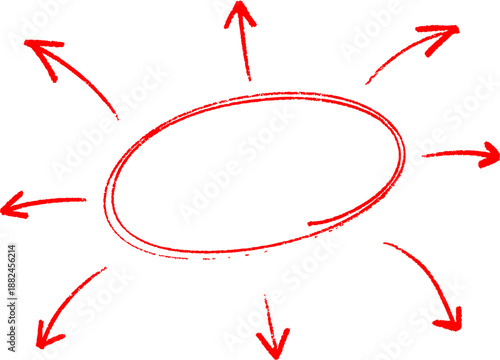 Red hand drawn arrows pointing outward around an oval circle, sketch style illustration for highlighting focus, attention, direction, concept, or diagram elements