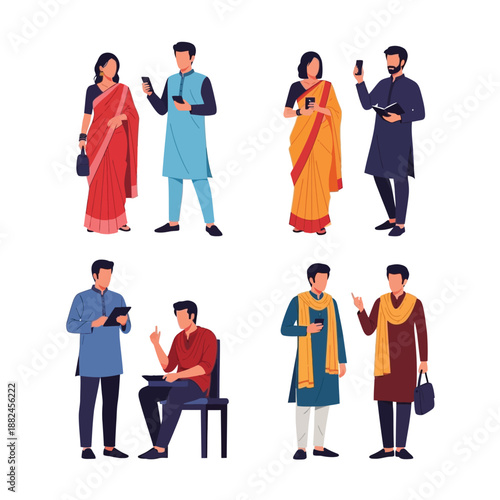 Collection of illustrations depicting Indian men and women in traditional attire using modern technology and interacting.