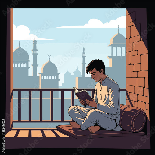 Young man in traditional attire reading a book on a balcony overlooking a cityscape with mosques at sunrise or sunset.