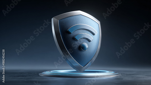 Secure Wi-Fi Network Protection Concept Featuring a Blue Shield with Wireless Signal Symbol on a Futuristic Glowing Platform for Cyber Security and Data Privacy Illustration