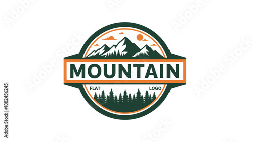 Mountain Adventure Logo Design with Forest and Sun.
