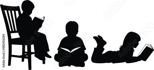 Children reading books silhouettes kids learning education imagination literacy study black vector illustration isolated white background minimalist design