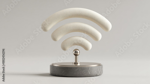 Minimalist 3D wifi signal icon rendered with soft fabric textures on a polished metal and stone base, representing wireless connectivity, modern internet access, and smart home technology.