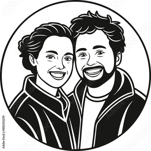 Happy Couple in Monochrome Circle:  A joyful couple shares a genuine moment of happiness, their faces alight with smiles in a classic monochrome circle.