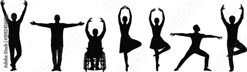 Inclusive yoga and dance silhouettes showing diverse bodies wheelchair accessibility balance strength mindfulness wellness black vector illustration isolated background design