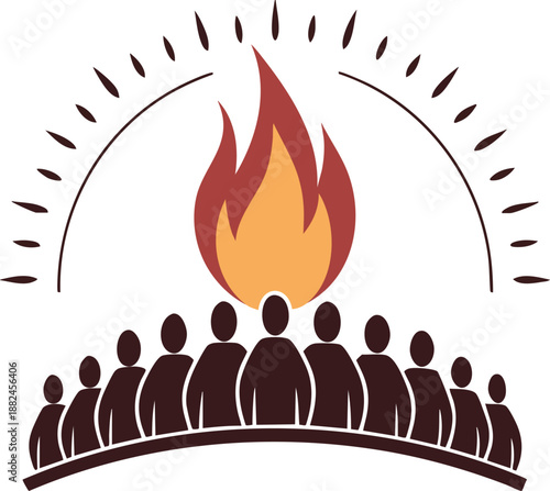 Symbolic Flame of Unity: A vibrant flame of unity rises above a gathering, evoking themes of community, spiritual connection, and the pursuit of knowledge.