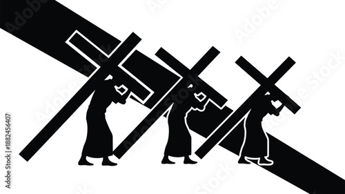 Jesus Christ carrying the cross silhouettes Stations of the Cross biblical sacrifice faith Christianity black vector illustration isolated background design