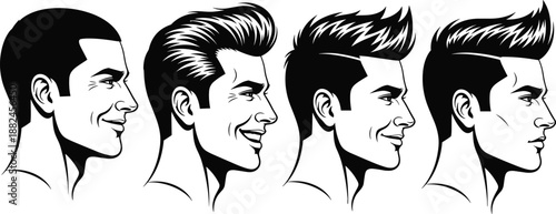 Men hairstyle evolution silhouettes profile view showing haircut transformation fashion grooming style black white vector illustration isolated background design