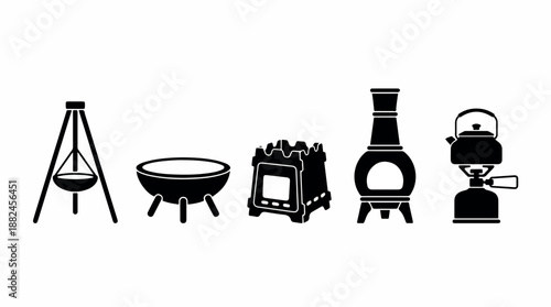 Collection of various camping and outdoor cooking equipment silhouettes.