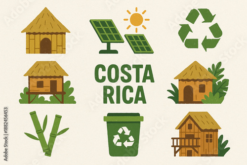 Costa Rica Eco-Lodge and Sustainable Living Icon Grid with Green Design and Textured Vector Style