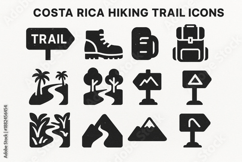 Costa Rica Hiking Trail Icon Grid with Jungle Paths and Textured Vector Style