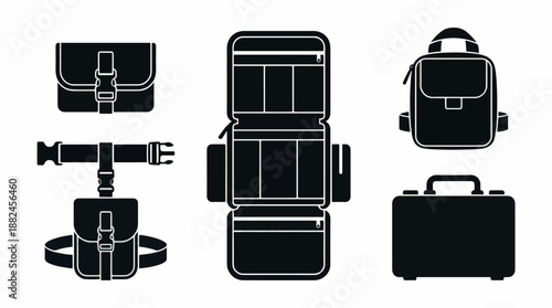Collection of various bags and luggage in black silhouette.