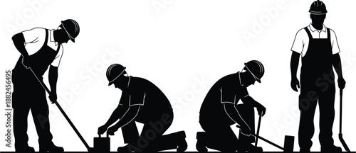 Construction workers silhouettes performing road maintenance labor teamwork black vector illustration isolated white background industrial safety concept design minimalistic modern