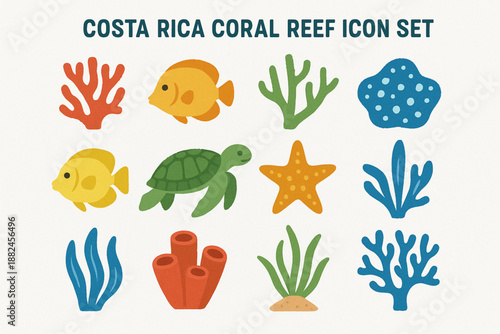 Costa Rica Coral Reef Icon Grid with Marine Life and Textured Vector Style